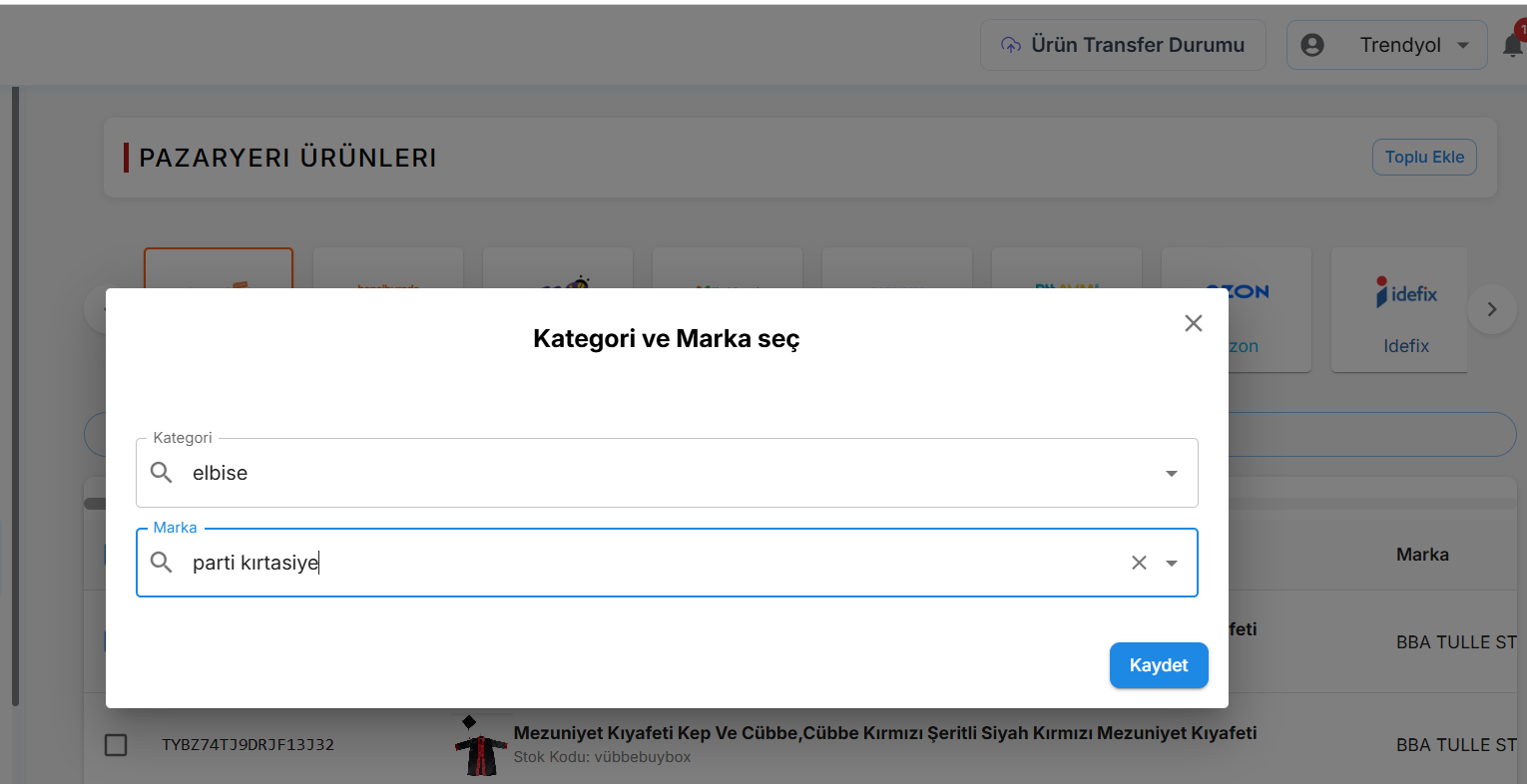 Ürün içeri aktar ekranı — kategori ve marka seçimi