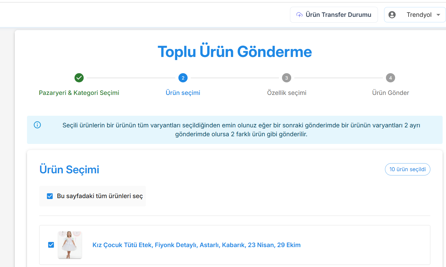 Toplu ürün gönderme ekranı — hedef pazaryeri seçimi ve toplu aktarım