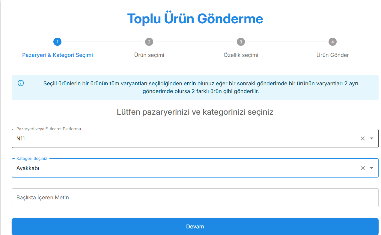Toplu ürün gönderme — Pazaryeri ve kategori seçimi.