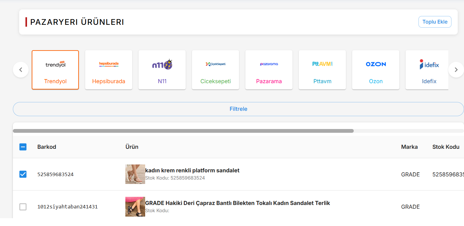 Pazaryeri ürünleri listesi — Ürünler içeri aktarıldı ve toplu seçim yapıldı.