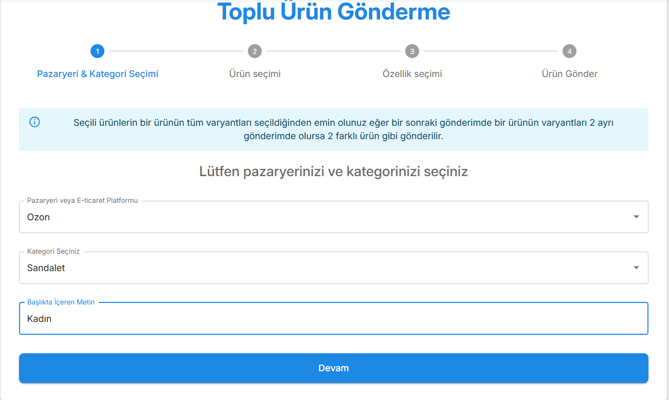 Toplu ürün gönderme — Pazaryeri ve kategori seçimi.