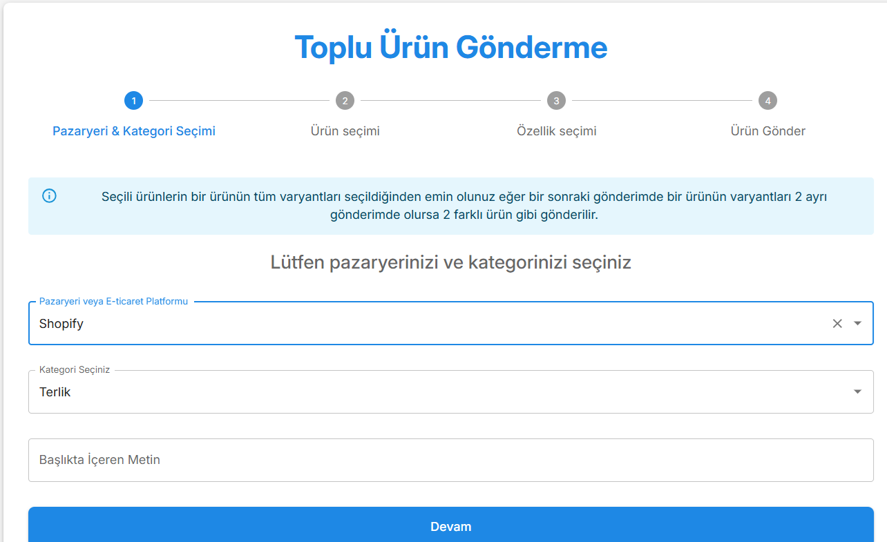 Toplu ürün gönderme — Pazaryeri ve kategori seçimi.