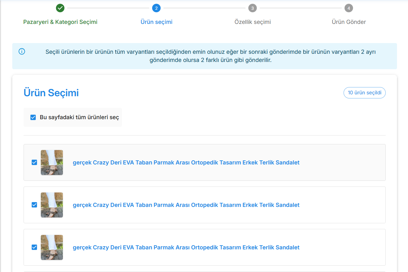 Seçili ürünler — Toplu gönderim için işaretlenen ürünler.