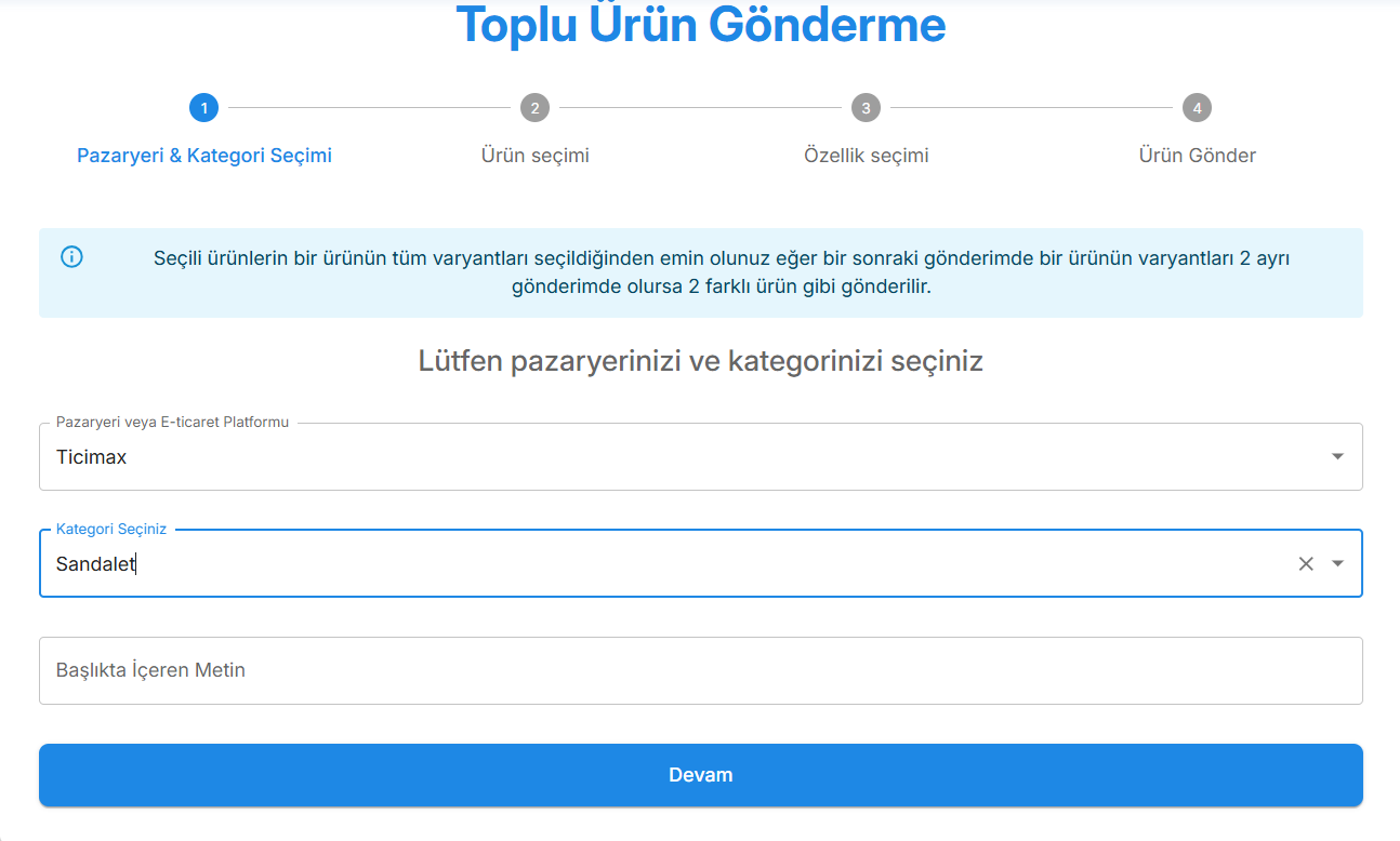 Toplu ürün gönderme — Pazaryeri ve kategori seçimi.
