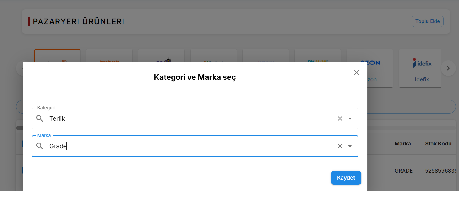 Ürün içeri aktar ekranı.