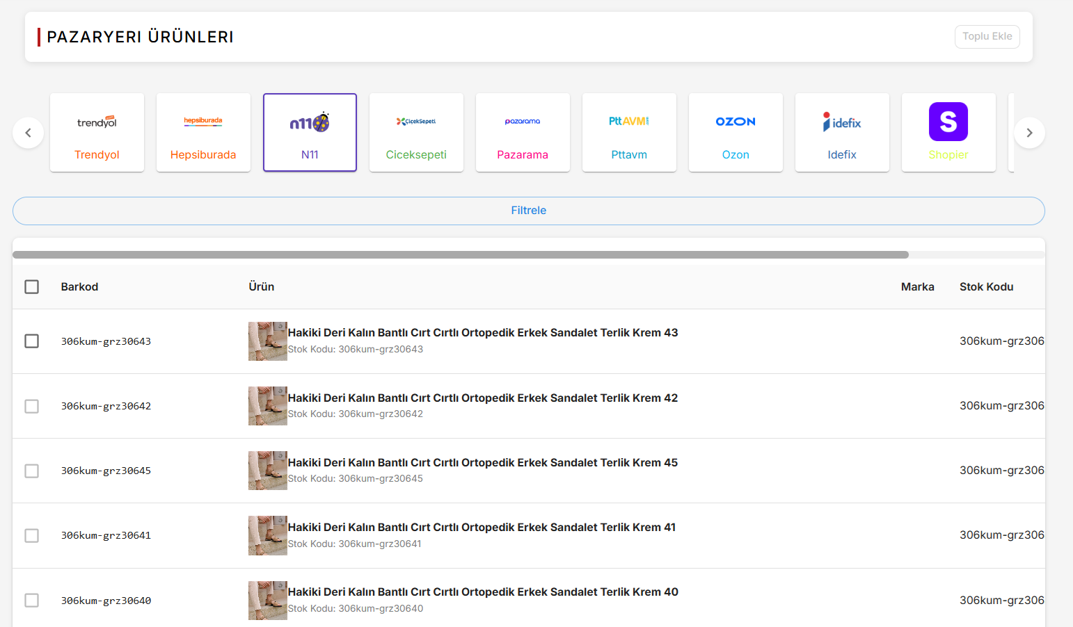 Pazaryeri ürünleri listesi — Trendyol seçili, ürünler içeri aktarıldı ve toplu seçim yapıldı.