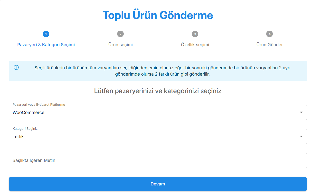Toplu ürün gönderme — Pazaryeri ve kategori seçimi.